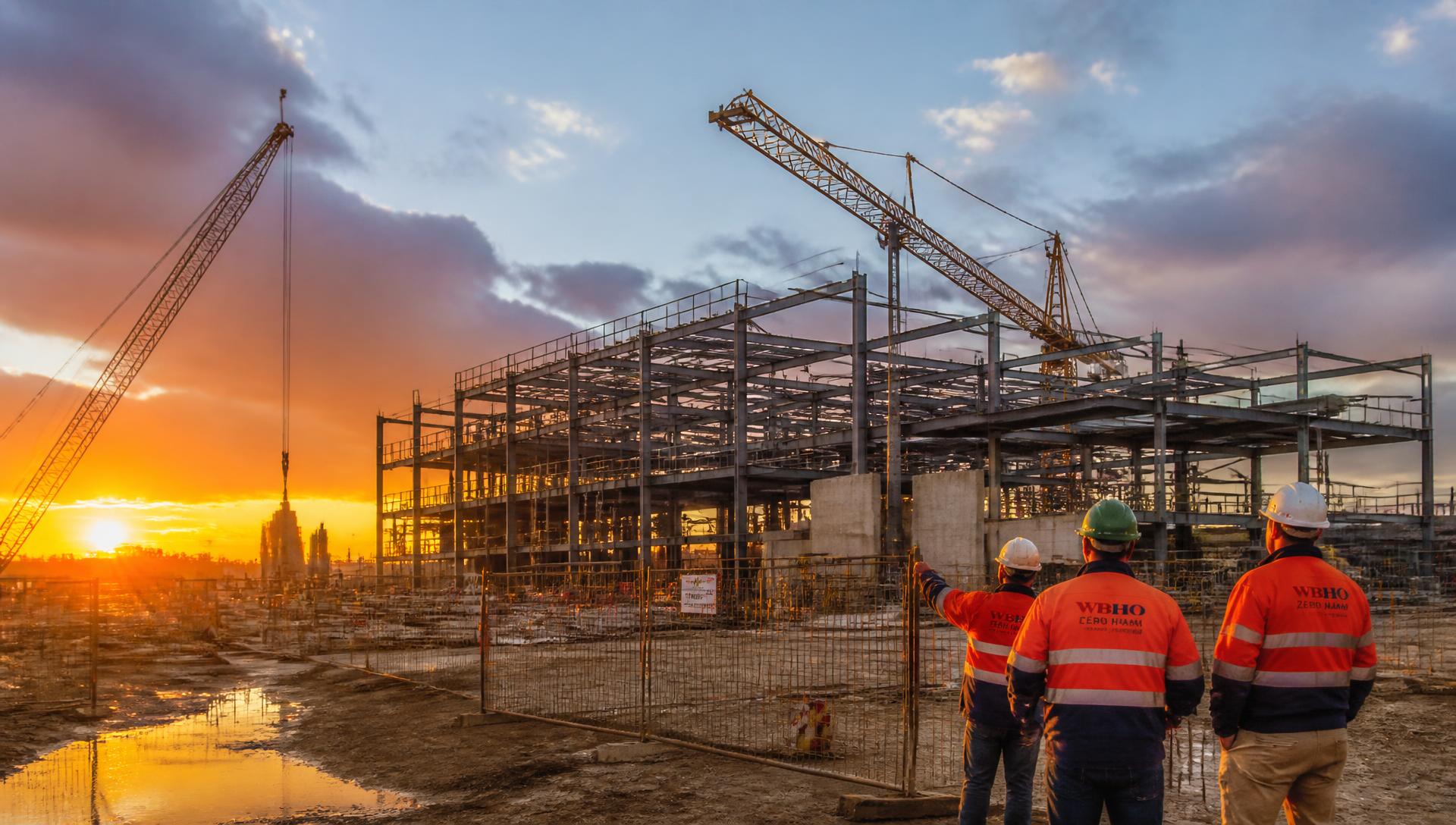 Construction site at sunset with cranes and steel structure